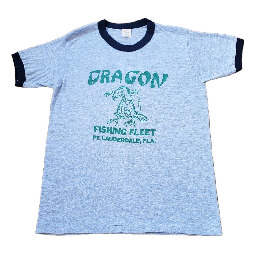 Vintage 80s Dragon Fishing Fleet FL Medium USA Made Mens Blue Ringer T-Shirt